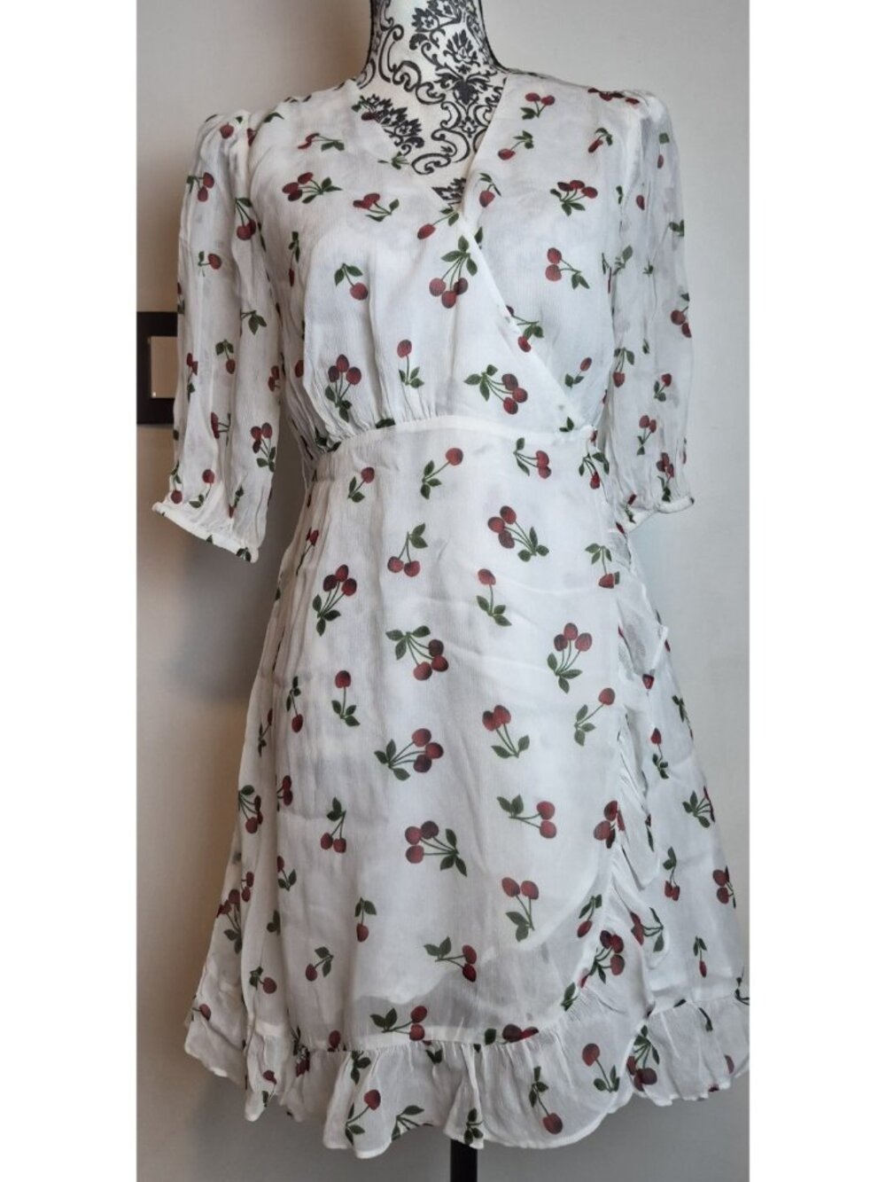 The Kooples Cherry Love Wrap Dress Ivory Cherry Print Size 2 No Belt AS-IS